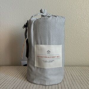 NWT 4pc King Cotton Percale Microstripe Sheet Set Railroad Gray/Sour Cream